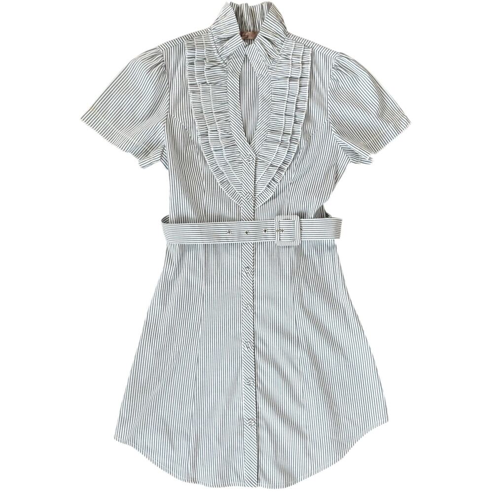 Paulina Blue White Pinstripe Shirt Dress Ruffle Bib Belted Mini Size Small